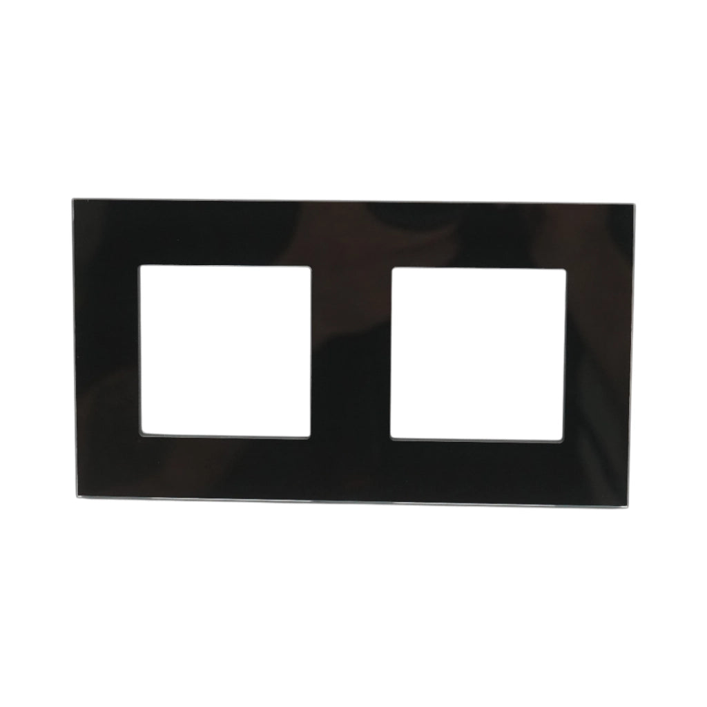 Cornice doppia in vetro nero per presa e interruttore 86x157 mm