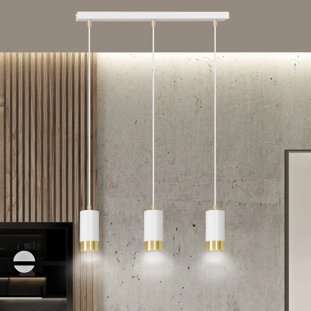 Lampadario 3 Luci Ivar Con Cilindri In Acciaio Bianco E Oro