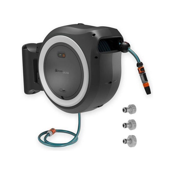 GARDENA 18642-55 Avvolgitubo da Parete a Batteria PowerRoll XL Solo Lunghezza Tubo 35 m Diametro 1,3 cm con Telecomando e Supporto Orientabile colore Nero Verde
