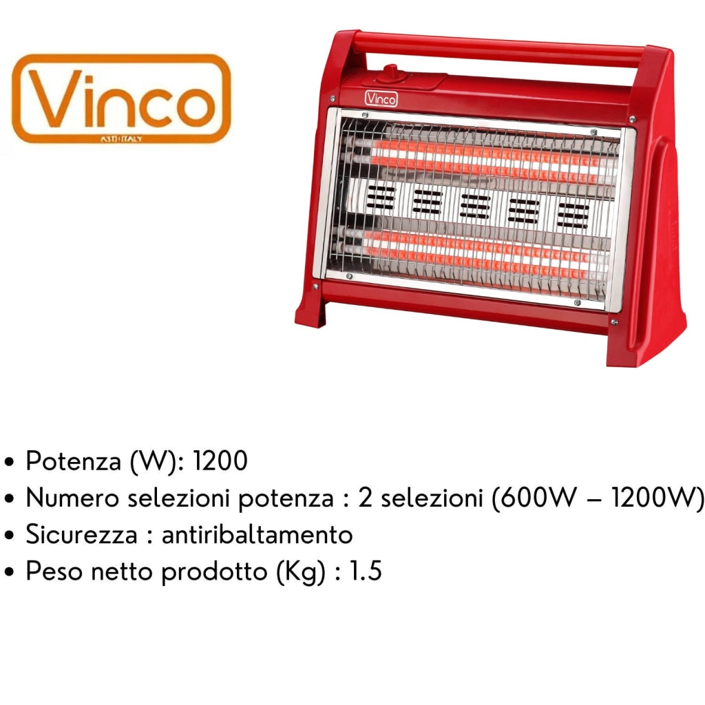 VINCO STUFA ELETTRICA AL QUARZO AD ALTO RENDIMENTO CALORICO 600/1200W VINCO 70157 ROSSA