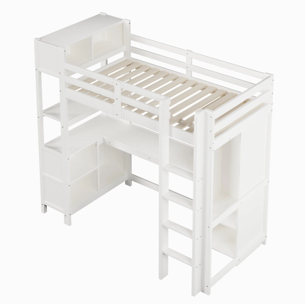 Letto a soppalco 90x200 cm con scrivania; ripiani e armadio; bianco