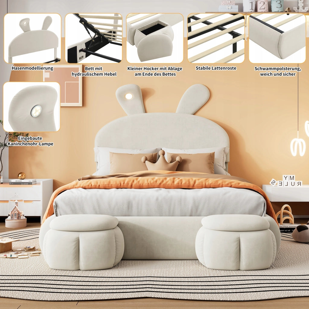 Letto matrimoniale 140x200 - Xylo - Orecchie coniglio LED velluto beige