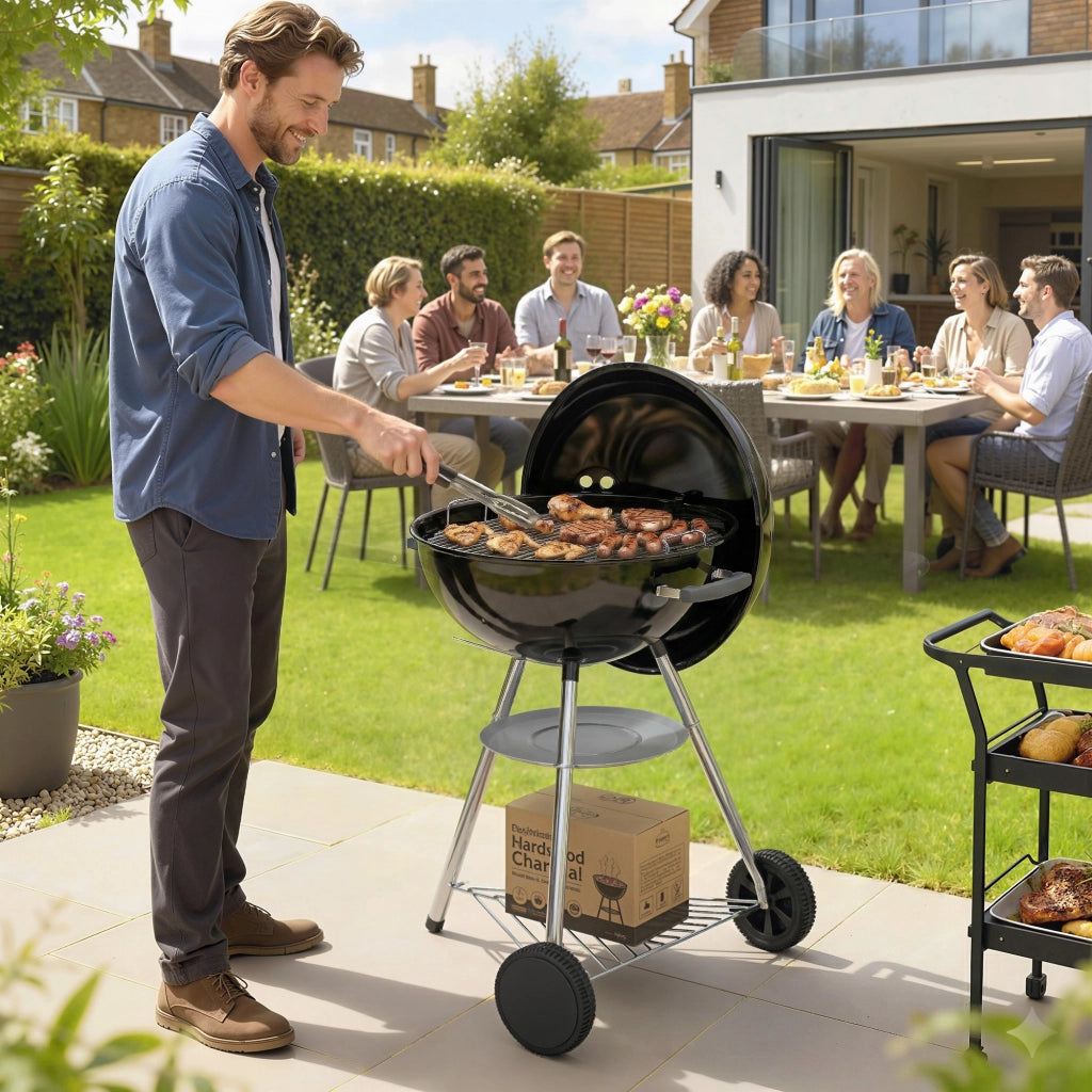 Barbecue a Carbone Rotondo con Coperchio ¨C Xylo ¨C Termometro e Ruote, Nero