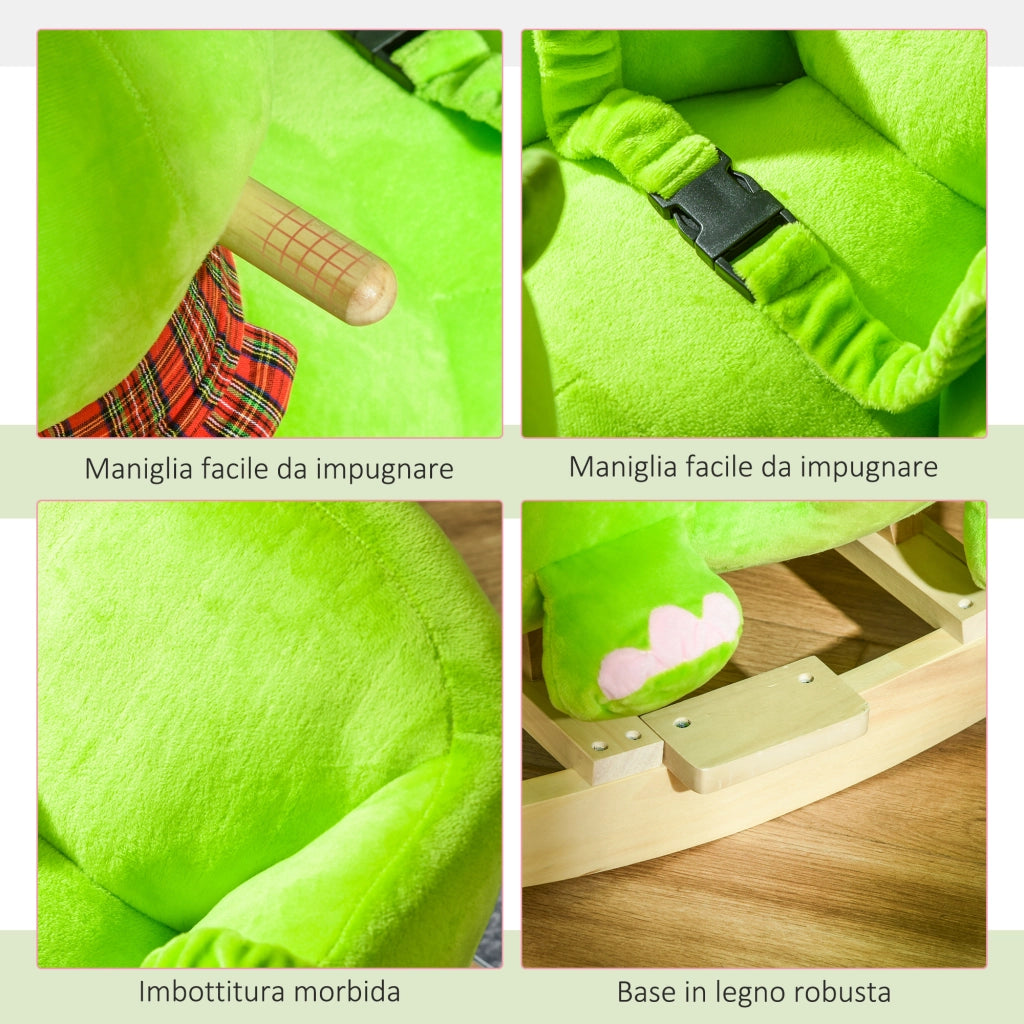 Cavallo a Dondolo con Ruote a Forma di Drago ¨C Minimal ¨C Legno e Peluche Verde