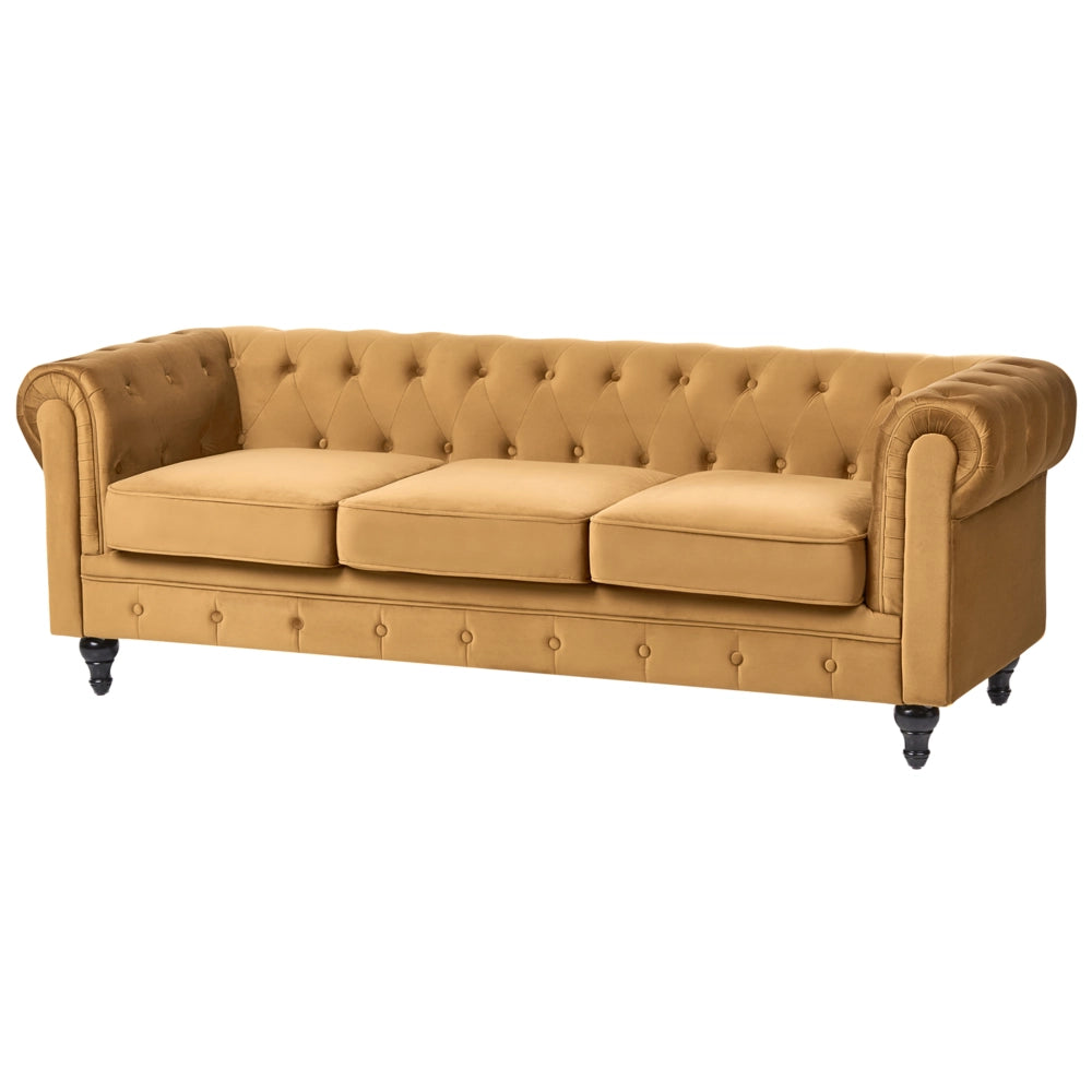 Set da soggiorno Chesterfield con rivestimento in velluto oro con gambe nere divano a 3 posti + poltrona