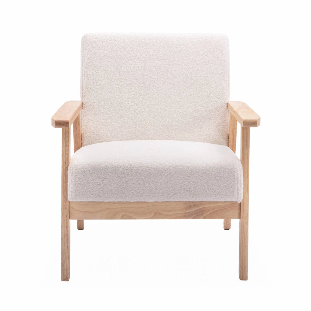 Set panca e poltrona in legno e tessuto, 3 posti, crema