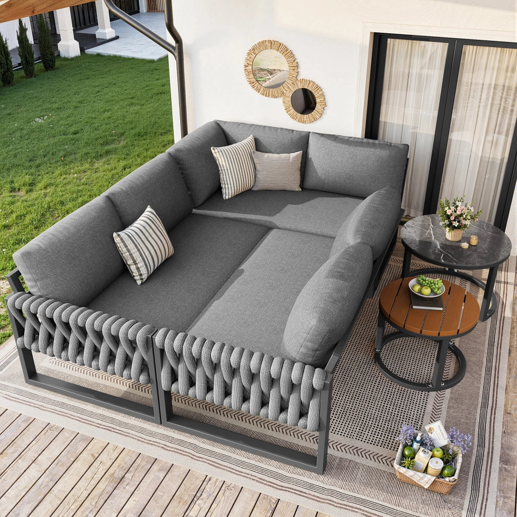 Set divano da giardino modulare 5-6 posti con tavolini; cuscini sfoderabili; grigio