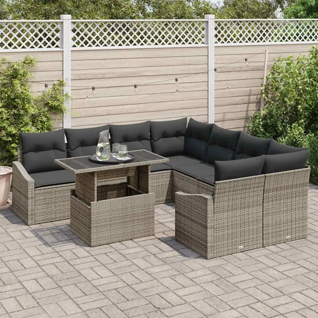 Set Divano da Giardino con cuscino 9 pcs Grigio polyrattan