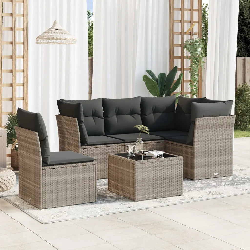 Set Divano da Giardino 6pz | Set Salotto da Giardino con Cuscini Grigio Chiaro Polyrattan