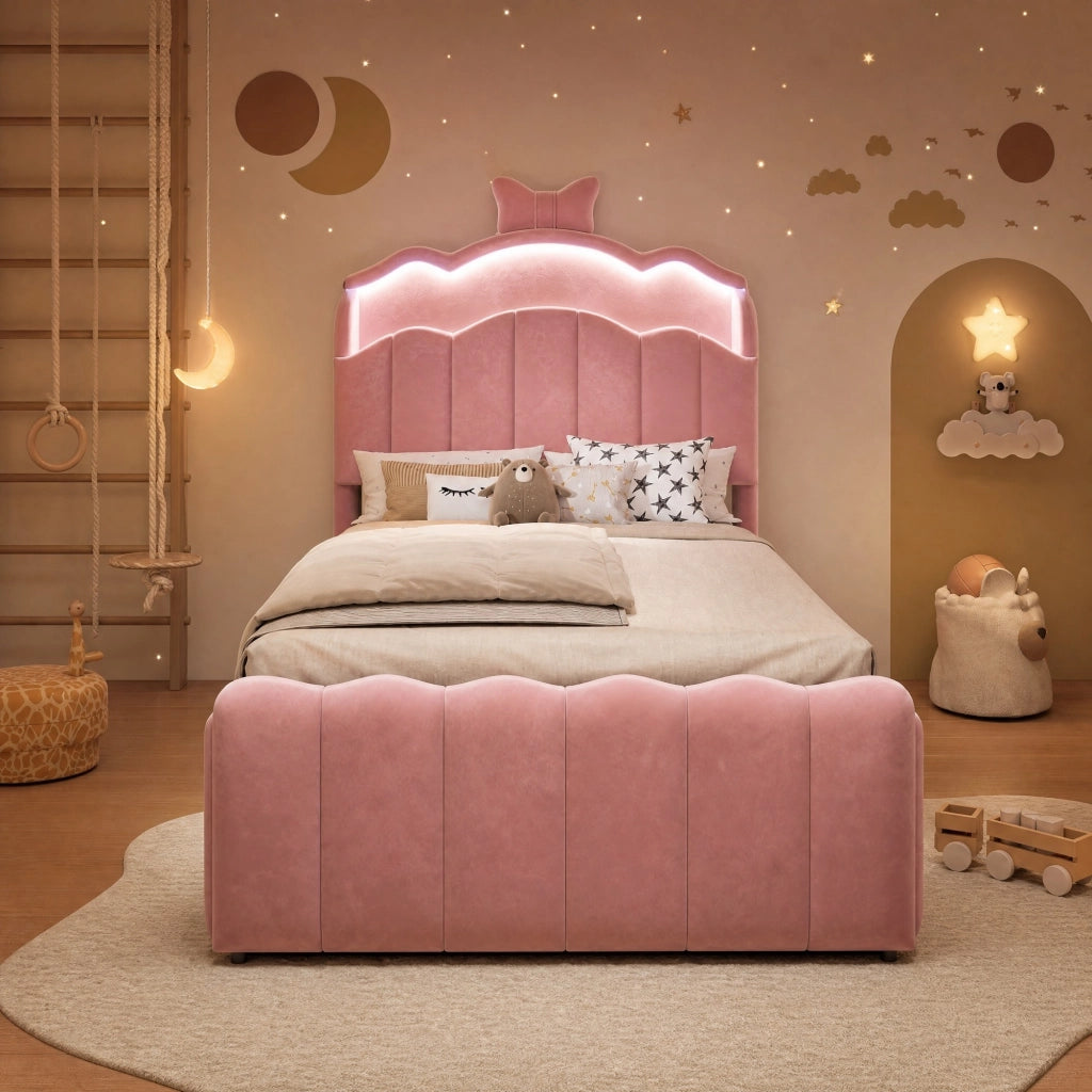LETTO Contenitore 90x200 cm in velluto rosa con USB e LED