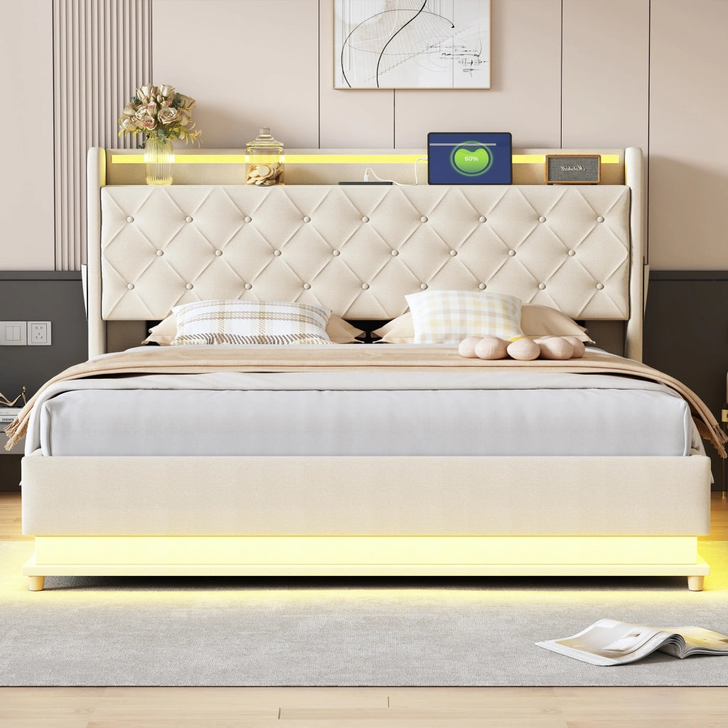 LETTO Imbottito 160x200 cm Beige con LED, USB e contenitore idraulico