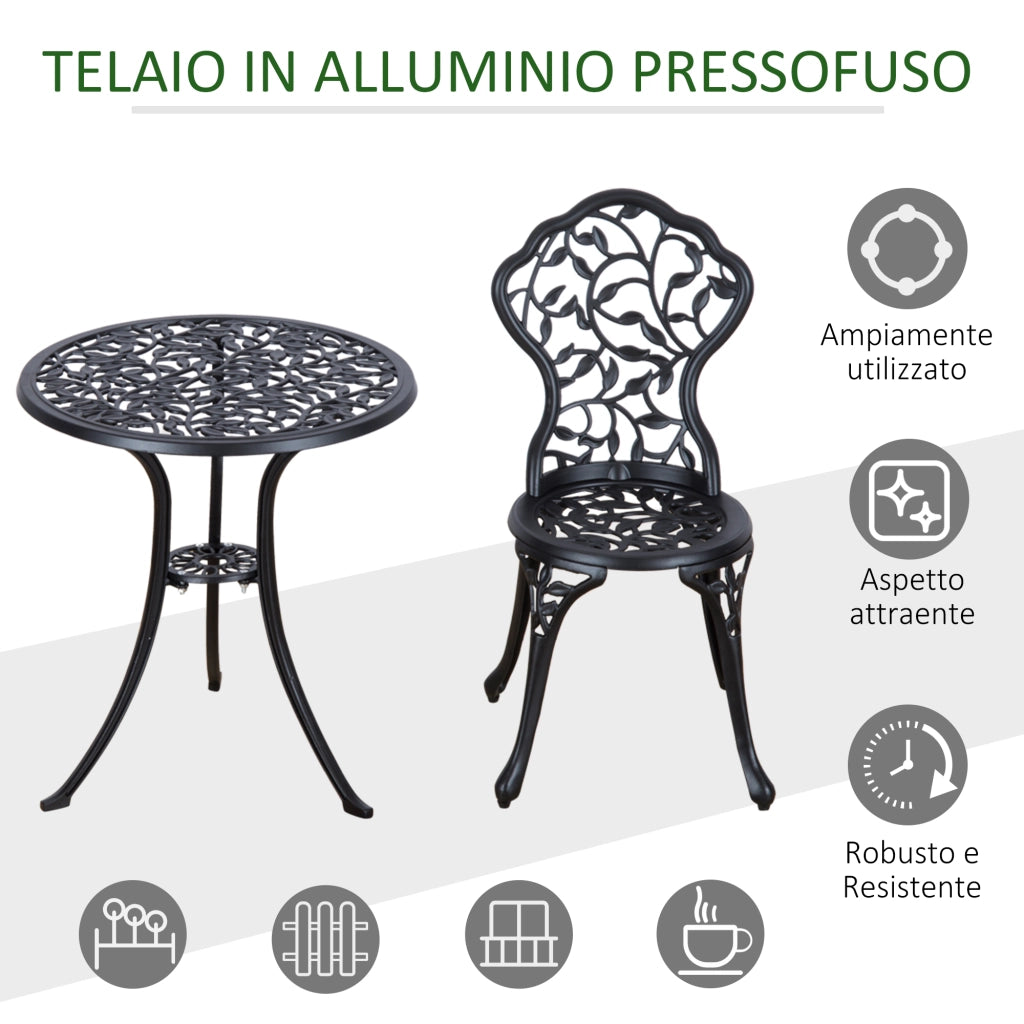 Set da Giardino 3 Pezzi con 2 Sedie da Esterno e Tavolo Rotondo in Alluminio, Nero