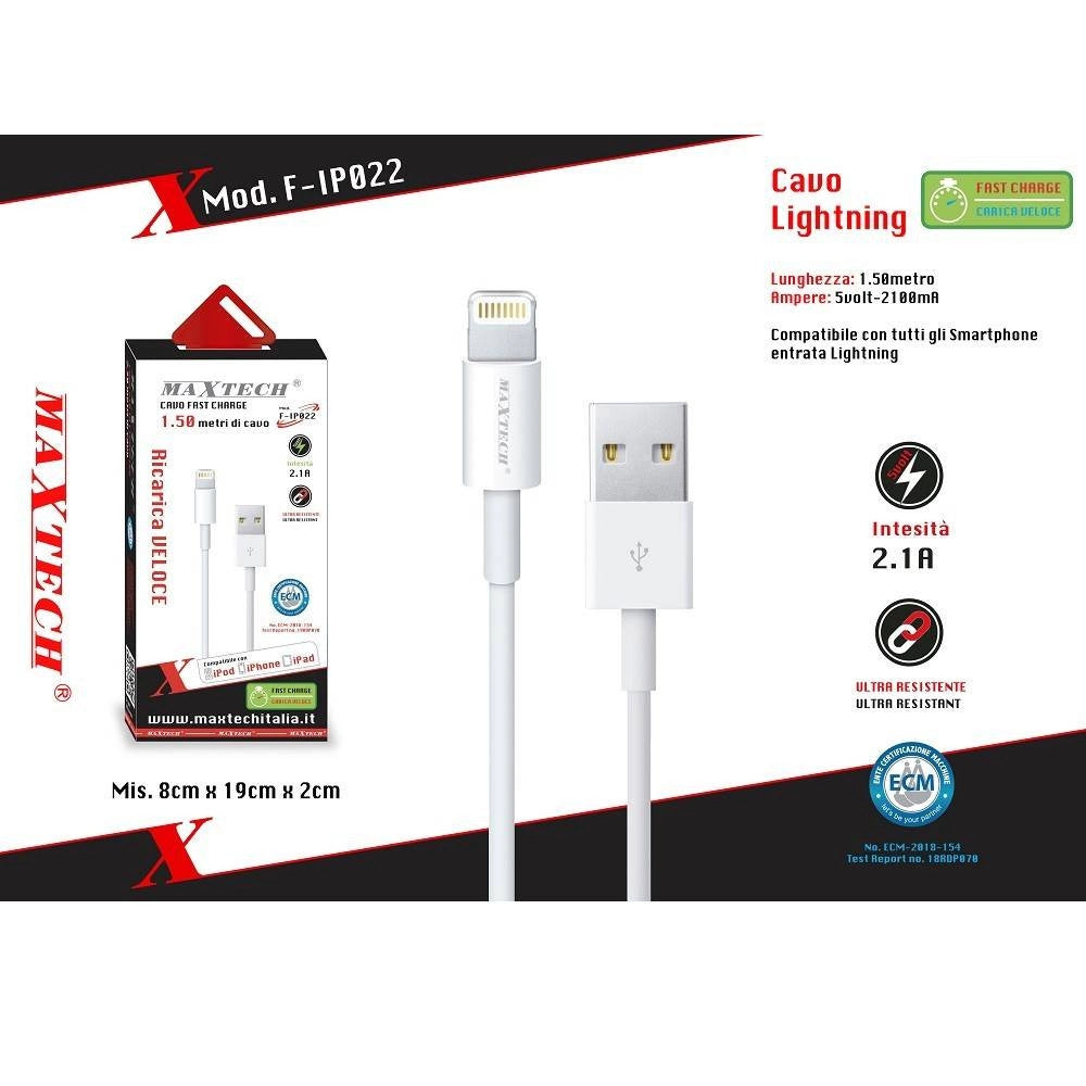 Trade Shop - Cavo Usb Lightning 1,5mt 2.1a Ricarica Veloce Trasmissione Dati Maxtech F-ip022 -