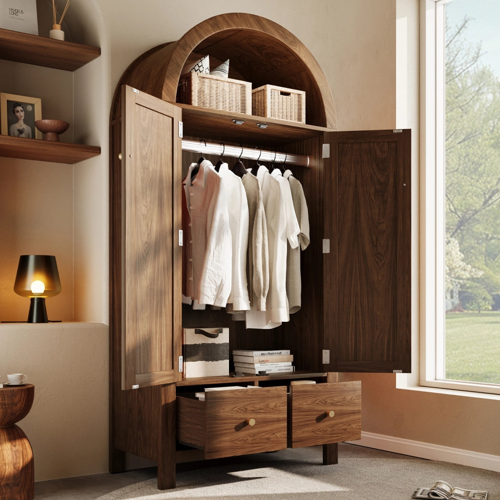 Armadio con 2 ante; 2 cassetti e vano aperto - in legno - 78×45×181 cm - noce