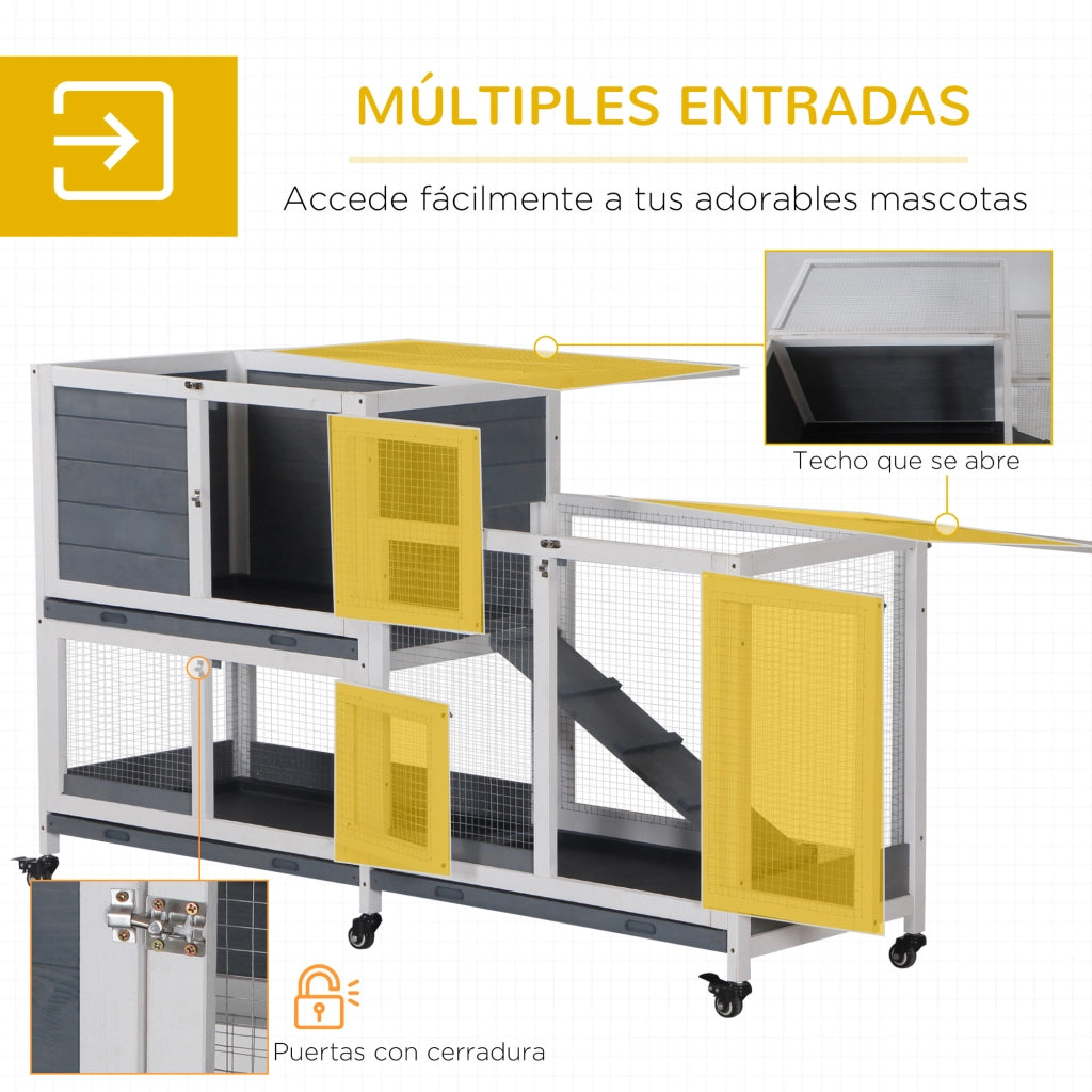 Gabbia per Conigli a 2 Livelli in Legno con Ruote ¨C Minimal ¨C 147x45,5x88,5 cm Grigio