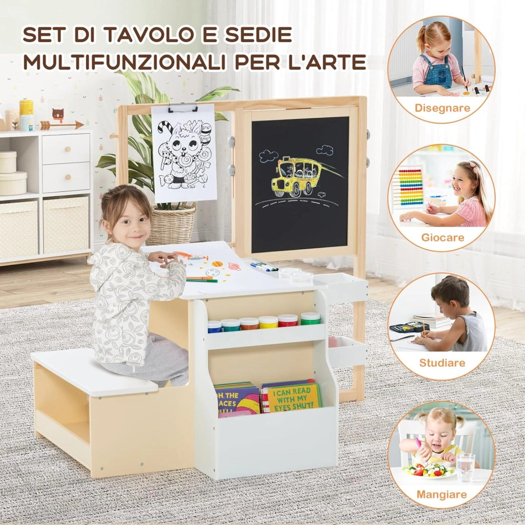 Set 3 in 1 Tavolo e Sedie per Bambini 3+ Anni, Tavolo in Legno Sicuro con Lavagna Cancellabile, Magnetica, Cavalletto Regolabile, Libreria e Accessori Artistici, Ideale per Disegno (Bianco)