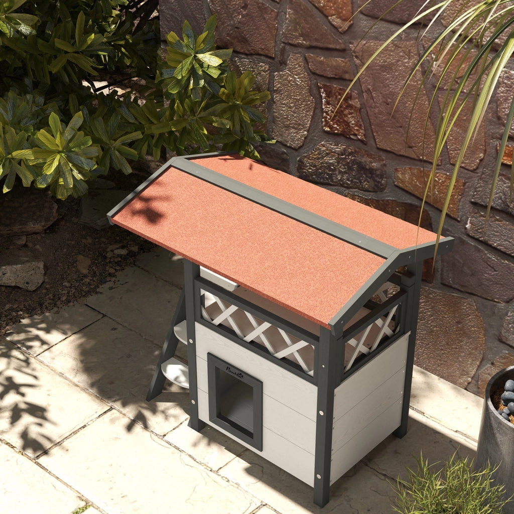 Casetta per Gatti Esterni con Terrazza e Scala ¨C Xylo ¨C Bianco e Rosso 77x50x73cm