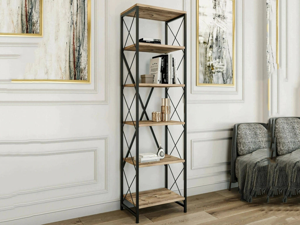 Libreria Yara, Scaffale da ufficio, Mobile portalibri, Biblioteca, 50x30h180 cm, Quercia e Nero