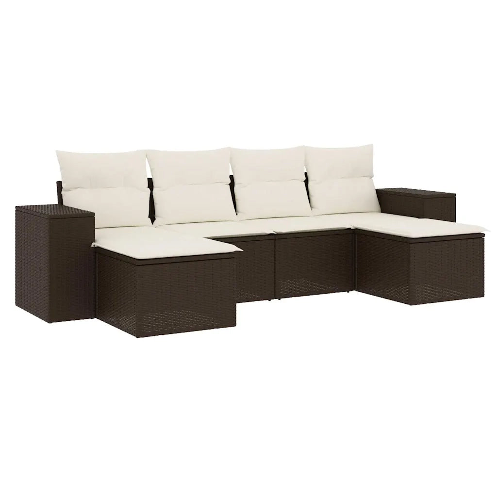 Set Divano da Giardino 6 pz | Set Salotto da Giardino con Cuscini Marrone in Polyrattan