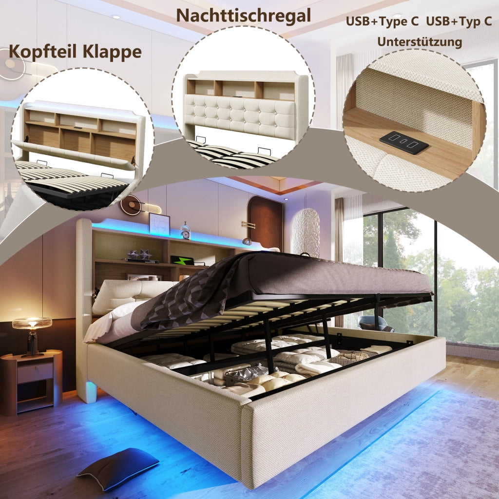 LETTO Imbottito 180x200 cm in lino beige con LED, USB e vano idraulico