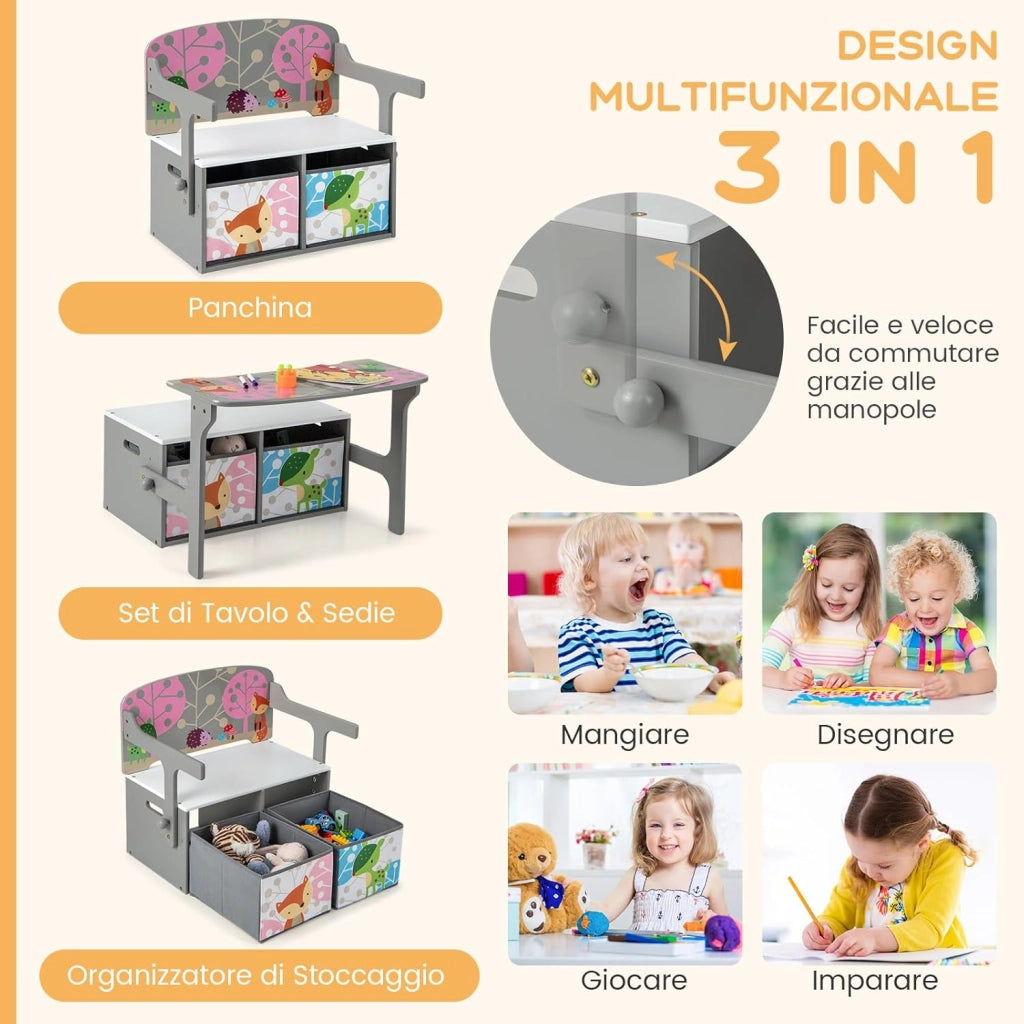 Cassapanca Contenitore 3 in 1 per Bambini Trasformabile in Legno con 2 Cassetti in Tessuto, Tavolo bambini con Sedie Multifunzione, Scatola dei Giocattoli per 3-7 Anni (Grigio)