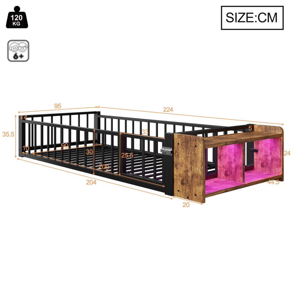 LETTO 90x200 cm in metallo e MDF con sponda, vano aperto e LED, nero