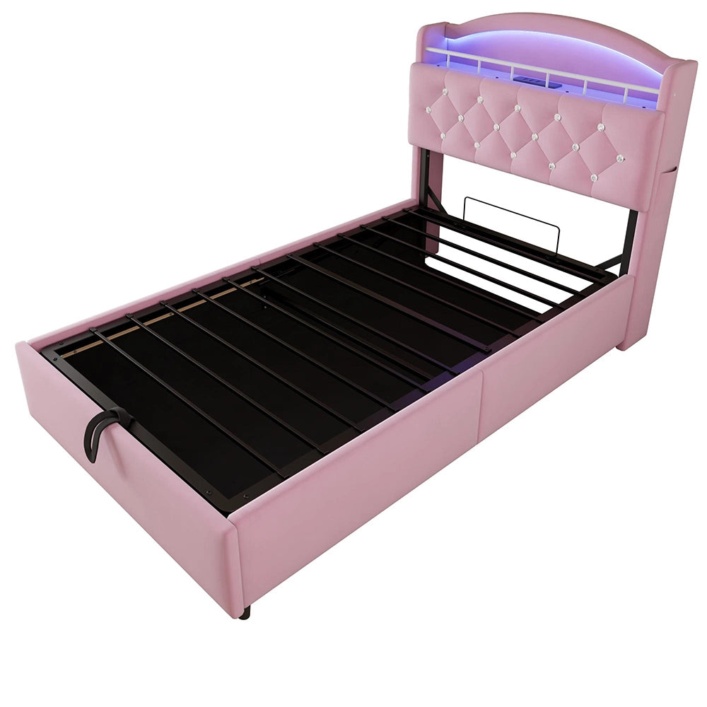 Letto bambino-Xylo-90x200 cm-LED, USB, spazio idraulico, velluto rosa