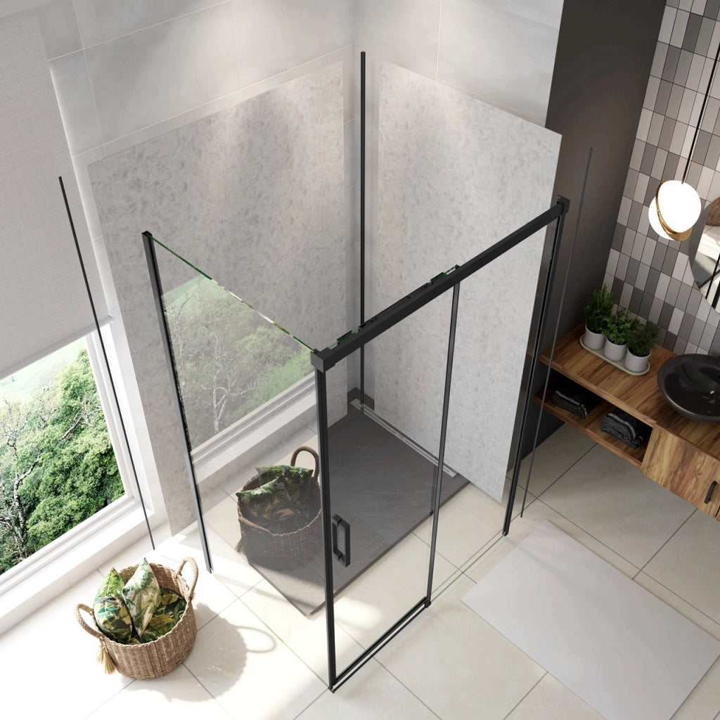 195 cm Box Doccia Angolare 120X80 cm Porta Scorrevole con Parete Fissa Vetro 8 mm Temperato Anticalcare Trasparente Profilo Nero Opaco Softclose