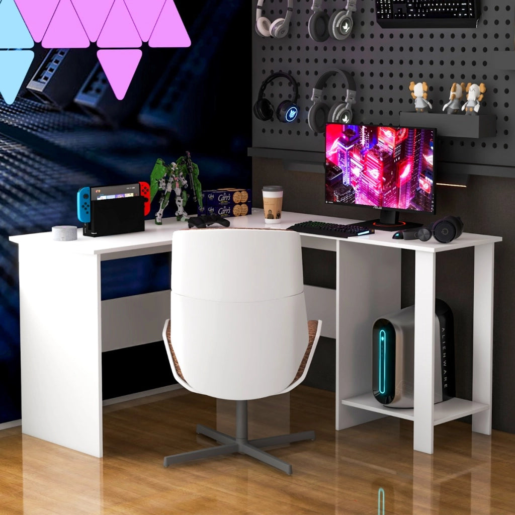 Scrivania per computer a forma di L-Scrivania ad angolo con 2 fori per cavi e 2 ripiani supporto per CPU Bianco