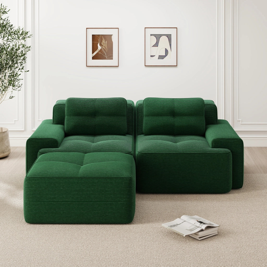 Divano Letto Modulare Angolare 2 Posti ¨C MINIMAL ¨C Velluto a Coste Verde con Ottoman