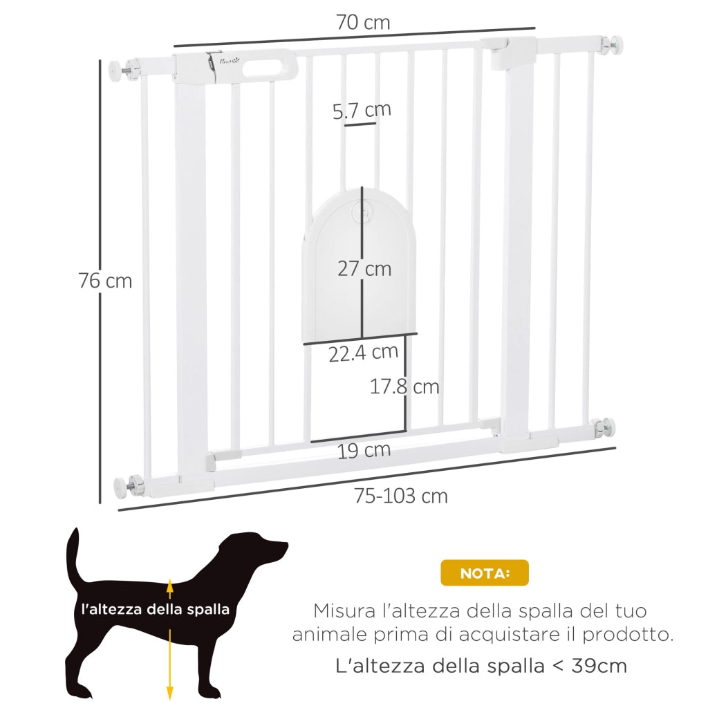Cancellino per Cani Regolabile con Porta Piccola e Chiusura Automatica, 75-103x76cm, Bianco