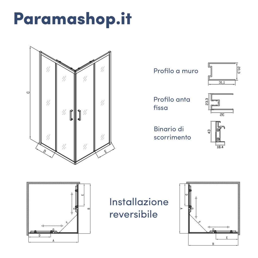 Box doccia 70x70 cm angolare doppio scorrevole profili neri vetro trasparente | Java
