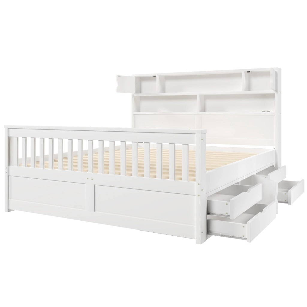 Letto a piattaforma con ripiani e cassetti - Zephmum- 160x200 cm, LED, USB, bianco