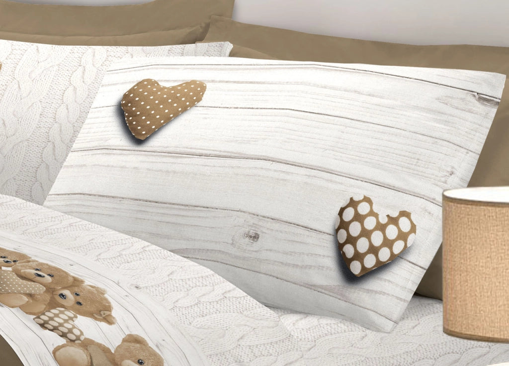 Completo Lenzuola Linea Pensieri Delicati 100% Cotone Disegno New Orsetti - Piazza E Mezza - Beige