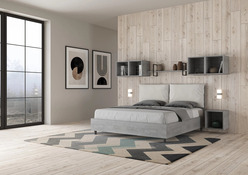 BS COM Letto matrimoniale con rete 160x190 Cemento cuscini similpelle bianco