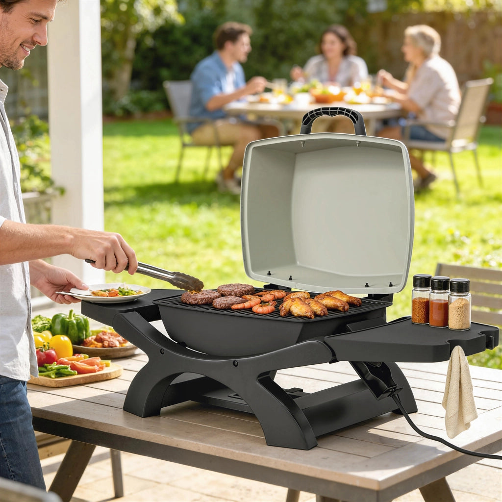 barbecue elettrico 2300W, portatile da tavolo con ripiani laterali, colore nero.