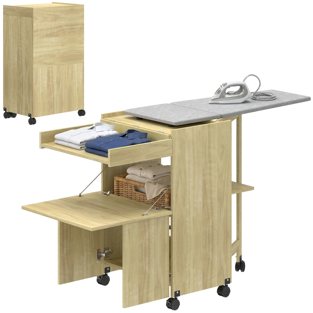 Mobile Asse da Stiro Pieghevole ¨C Xylo ¨C Legno Naturale Salvaspazio Portaoggetti 154x55x87cm