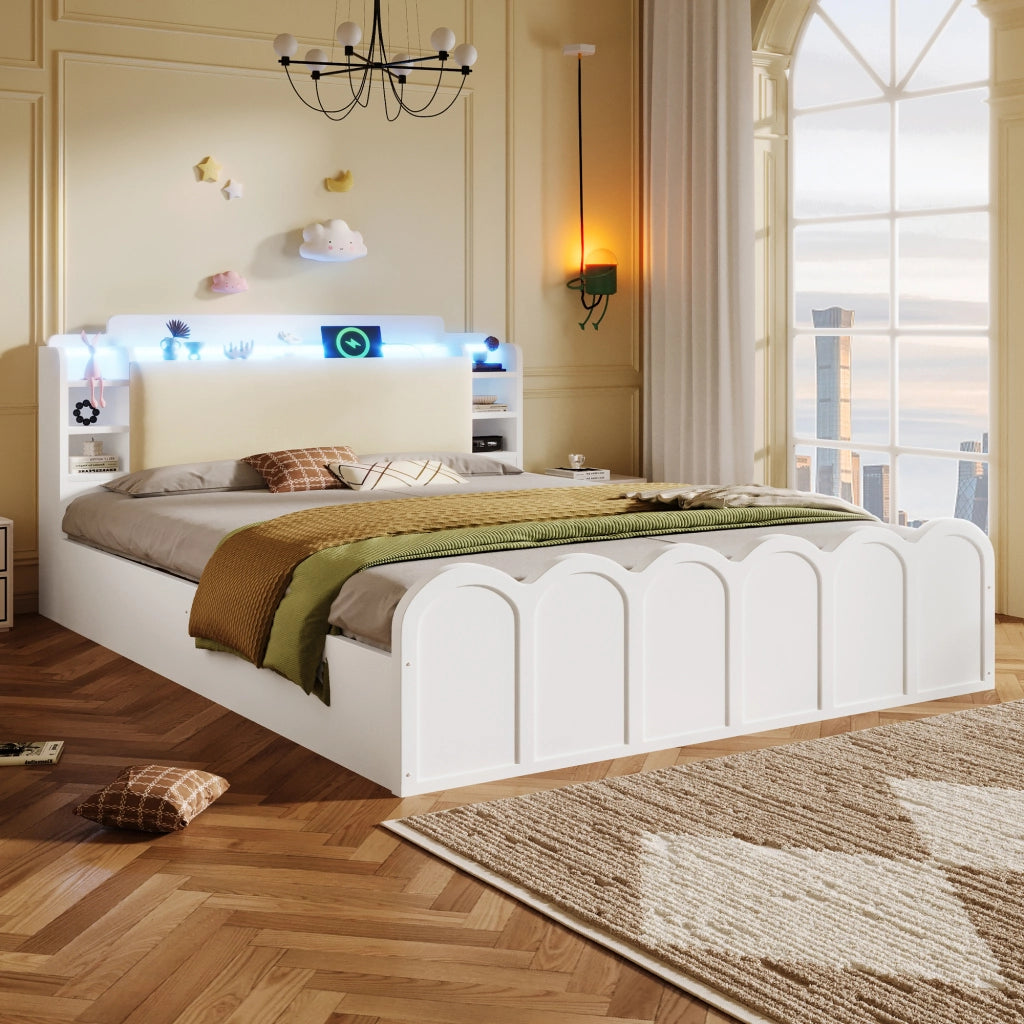 Letto Contenitore Imbottito con LED e USB ¨C MINIMAL ¨C Bianco 140x200