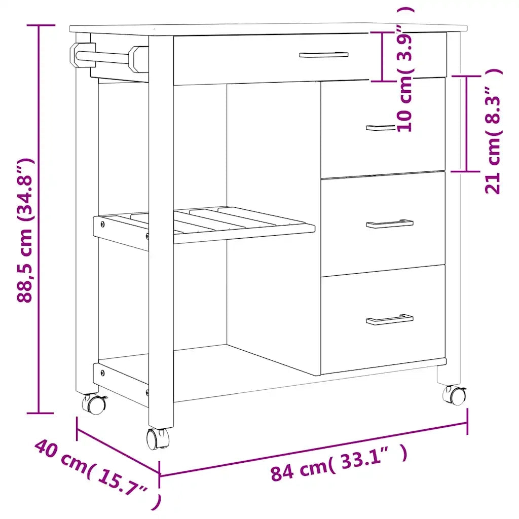 Carrello da Cucina MONZA 84x40x88,5 cm in Legno Massello di Pino CFW1864266
