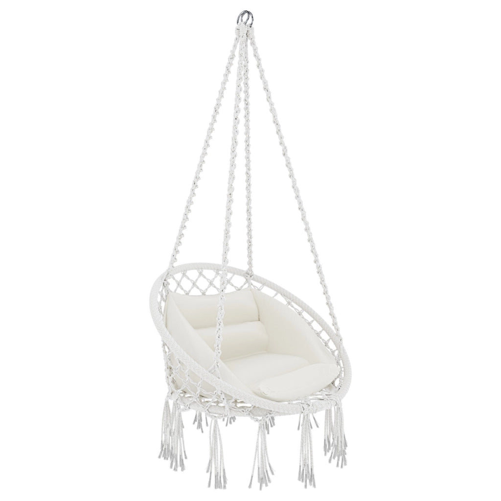 Poltrona Sospesa Pensile Da Giardino Con Corda In Cotone Effetto Macramè E Struttura In Acciaio Cuscino Sedia Dondolo Amaca Con Seduta Imbottita Esterno Terrazzo Design Moderno Fino A 160 Kg Beige