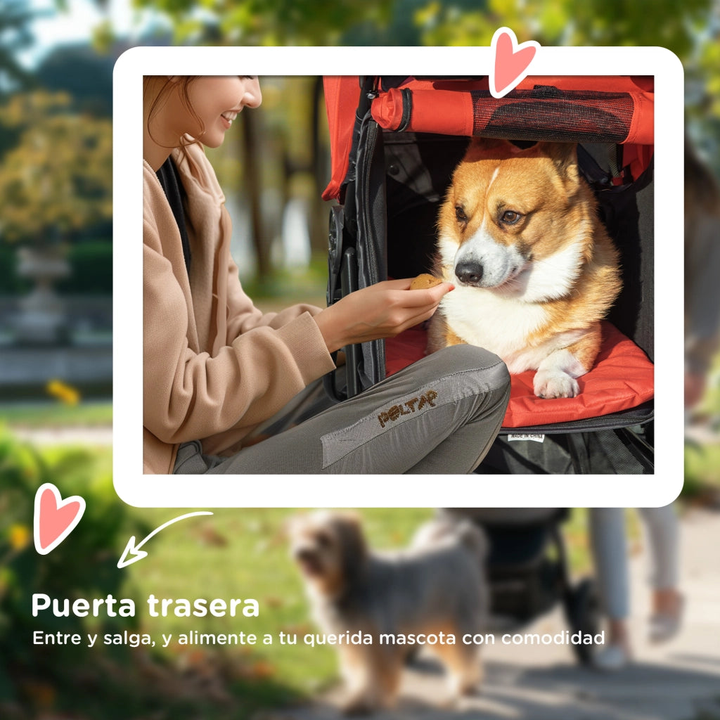Passeggino per Cani a 3 Ruote ¨C Xylo ¨C con Finestre in Rete, Cestino Portaoggetti e Cinture di Sicurezza, 109,5x57,5x106,5 cm, Rosso