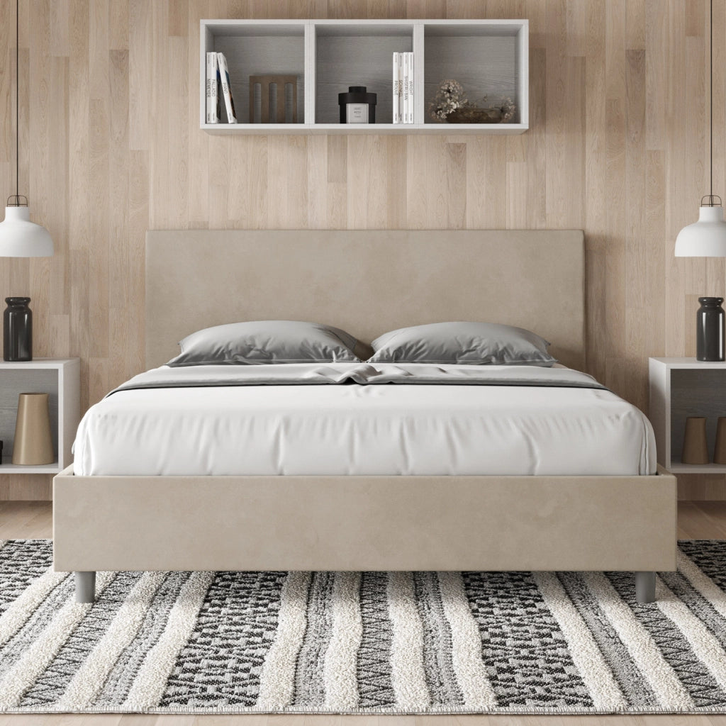 BS COM Letto matrimoniale francese con rete imbottito 140x210 microfibra sabbia