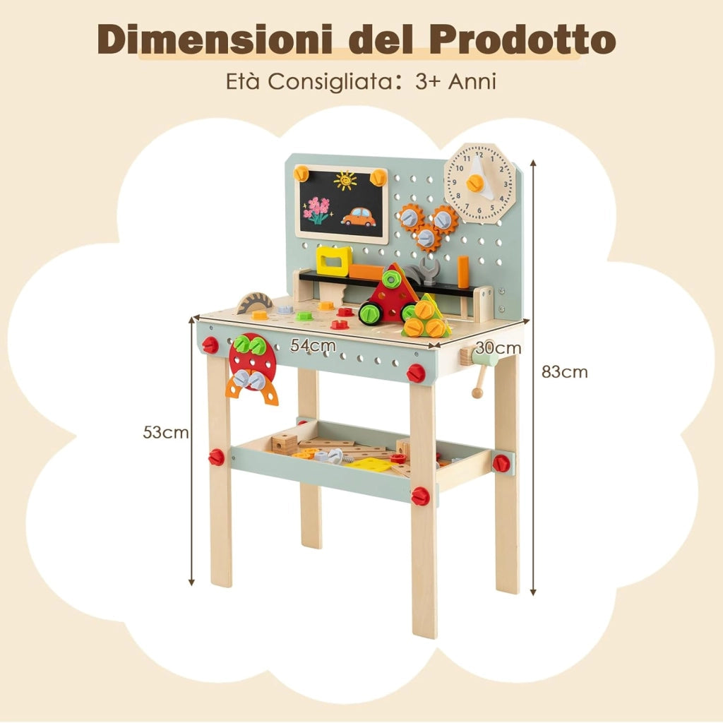 Set di Attrezzi per Bambini, Banco da Lavoro in Legno con Set di Attrezzi e Orologio Incantevole, Tavolo Realistico per Bambini e Bambine dai 3 Anni in Su
