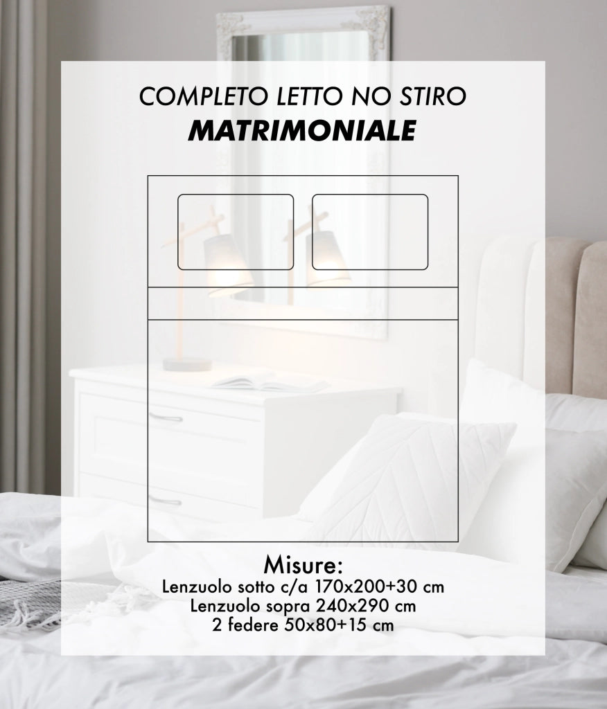 Completo Letto Matrimoniale No Stiro Set Lenzuola In Morbida Microfibra Anallergica Lenzuolo Sotto Con Angoli Elastici Fino 30 Cm, Lenzuolo Teso Sopra 2 Federe Prodotto Italiano  Ornamental