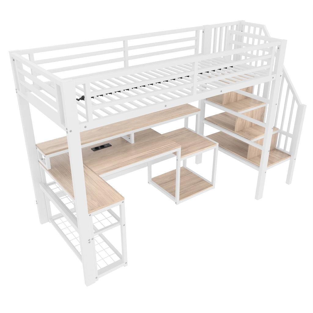 Letto a castello 90x200cm - Zephmum - Struttura in ferro, cassettiere, scale con contenitore, LED, scrivania USB, bianco