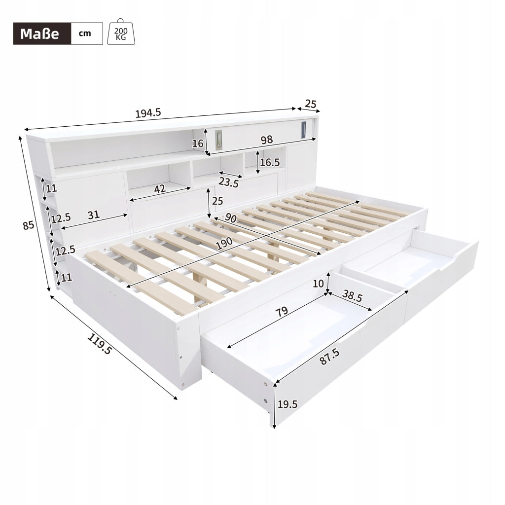 Letto singolo per bambini - Xylo - 90x190 - Bianco - Con cassetti e armadietto