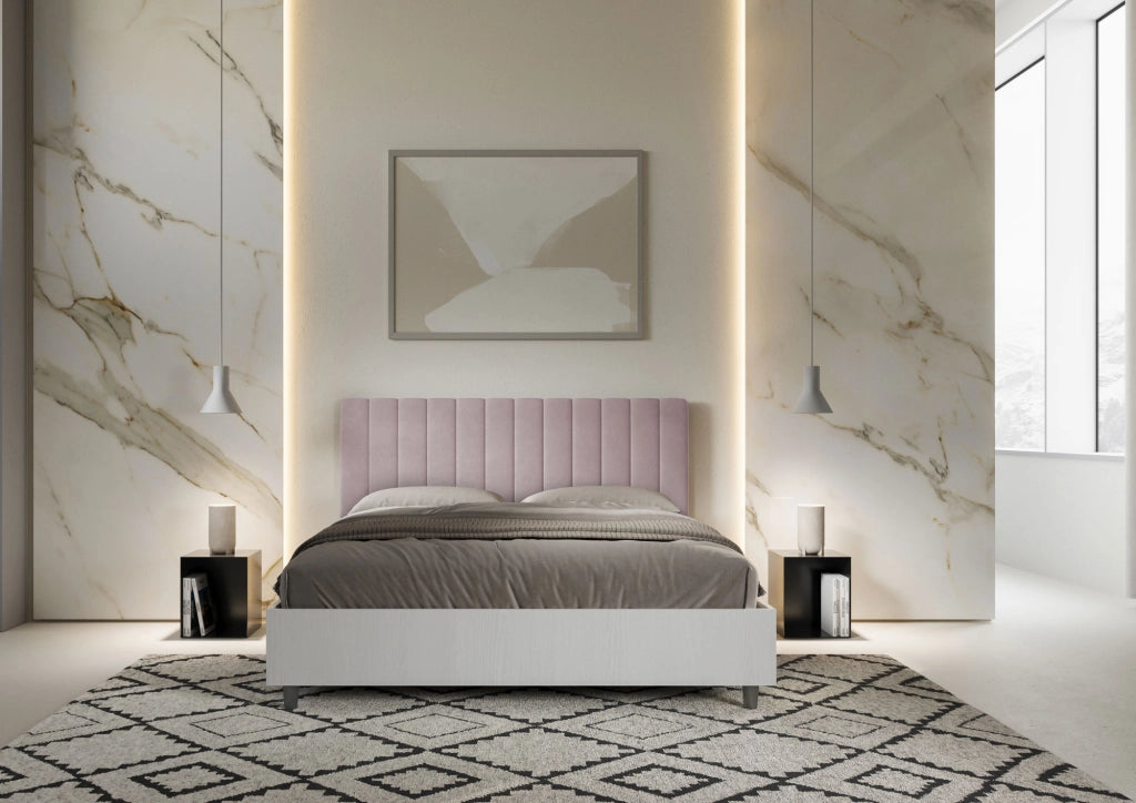 BS COM Letto matrimoniale contenitore 160x200 bianco frassino testata microfibra glicine