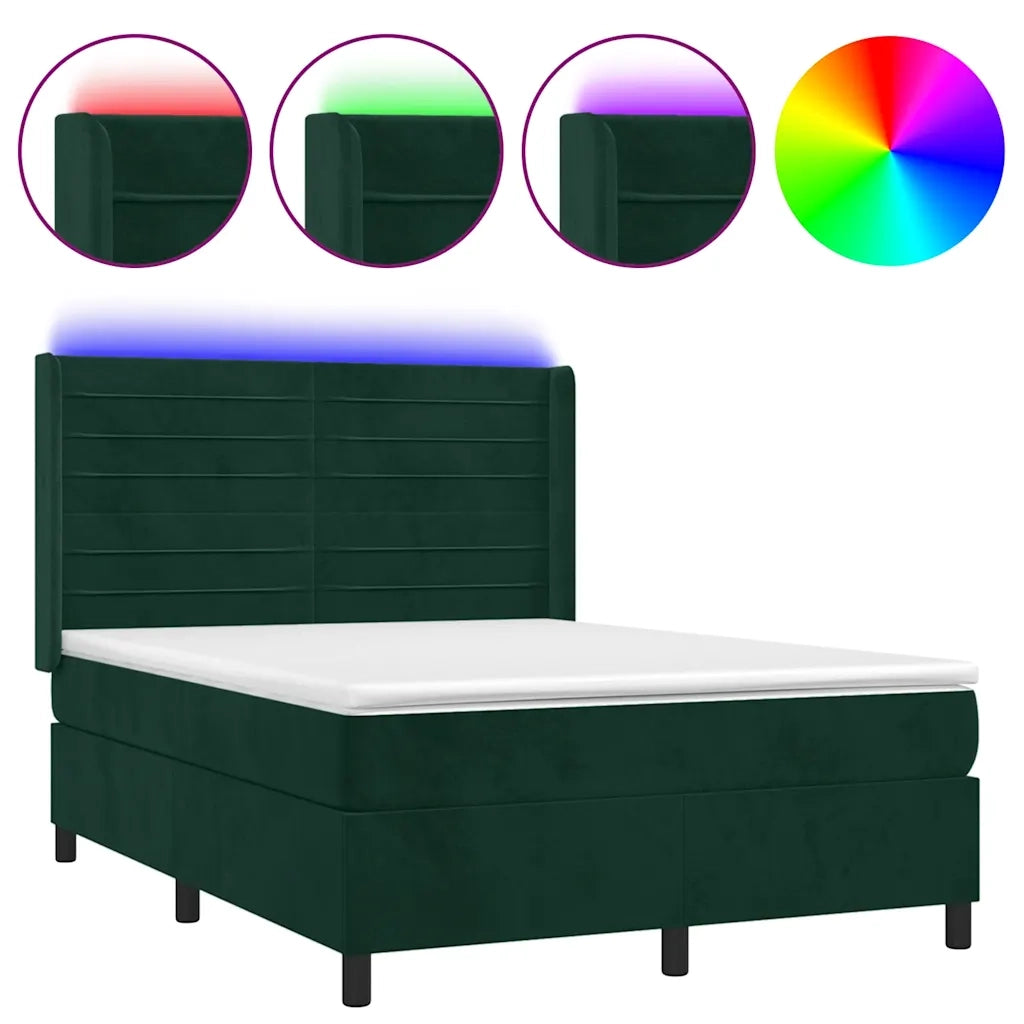 Letto a Molle con Materasso e LED Verde Scuro 140x200cm Velluto 3139628