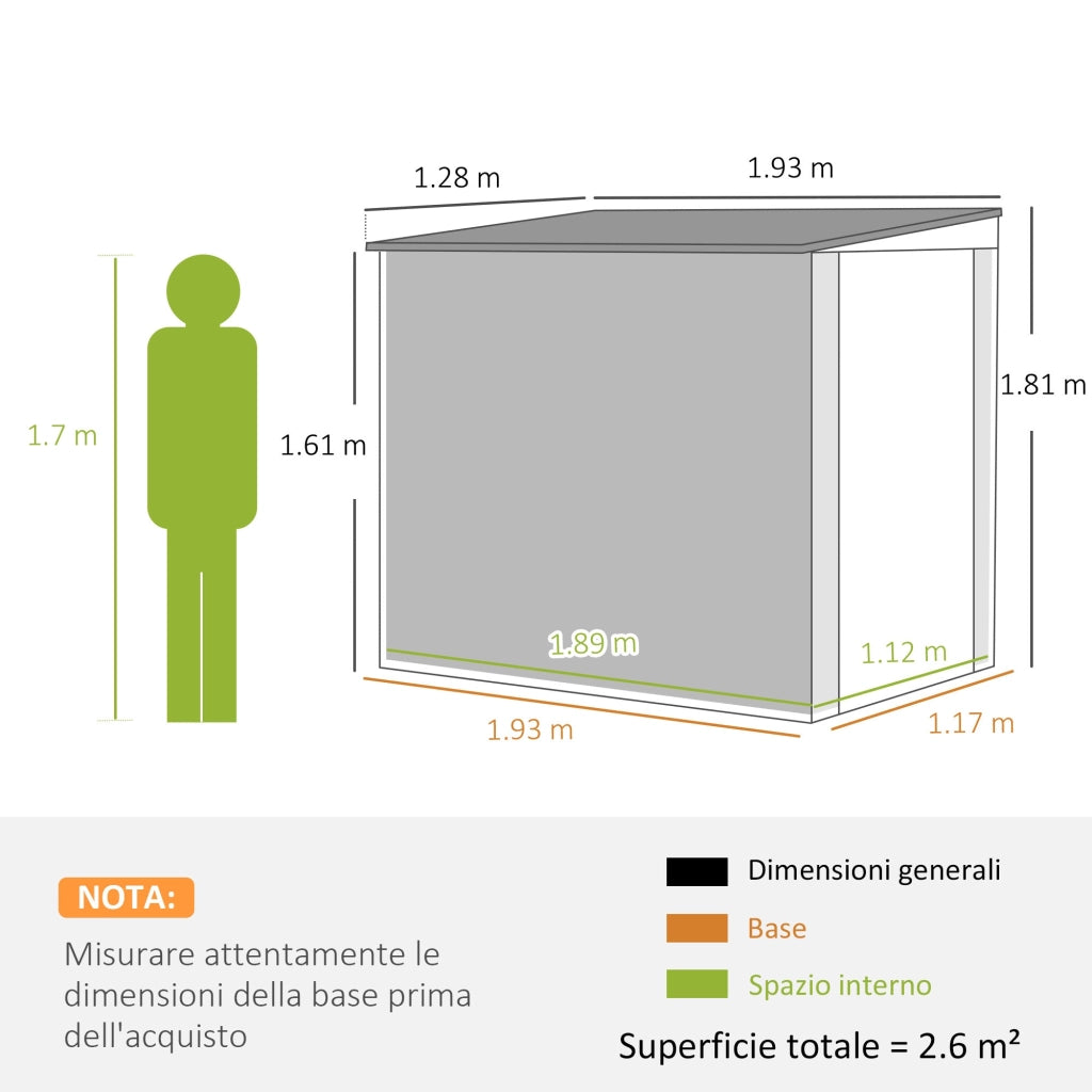 Casetta da Giardino con Finestra 128x193x161-181H cm con Serratura e Chiavi Incluse in Acciaio Grigio Scuro