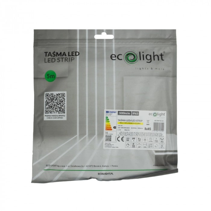 Striscia LED 5m 10,8W/m 24V 3000K IP63 dimmer Ecolight